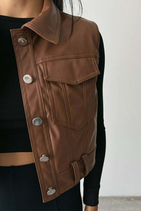 ONE COLOR LEATHER WOMEN VEST BROWN/KAFE - 2