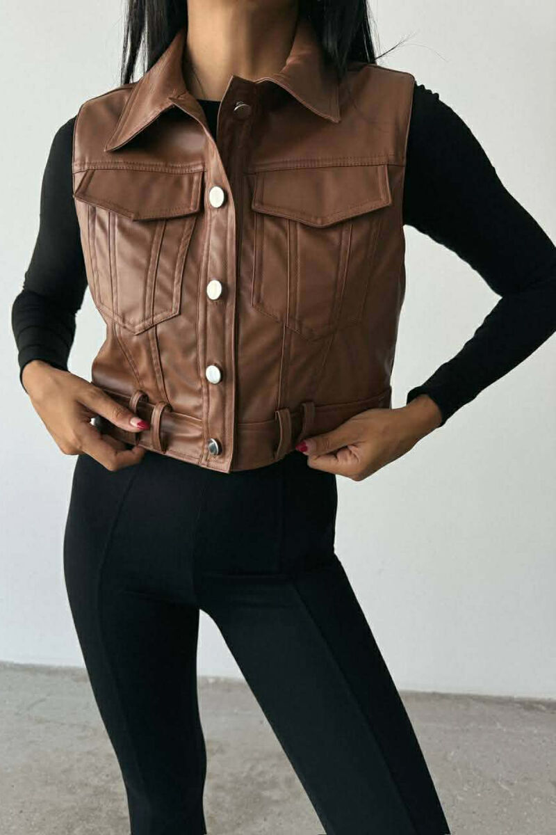 ONE COLOR LEATHER WOMEN VEST BROWN/KAFE - 3