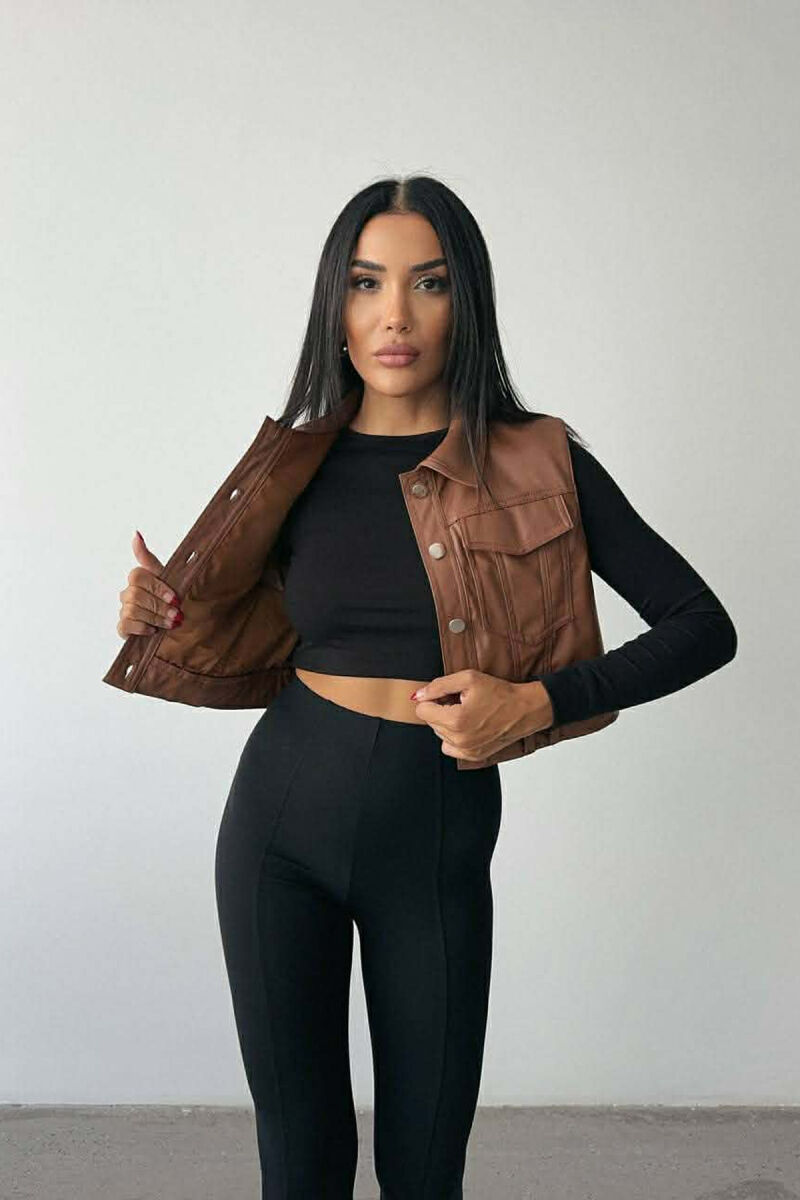 ONE COLOR LEATHER WOMEN VEST BROWN/KAFE - 4