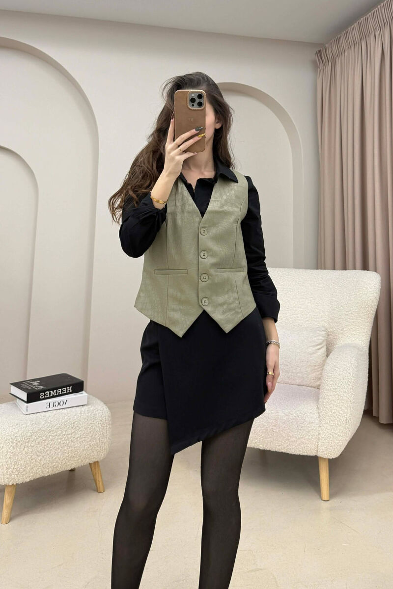 ONE COLOR LEATHER WOMEN VEST OLIVE/ULLI - 1