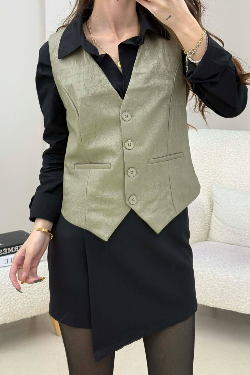 ONE COLOR LEATHER WOMEN VEST OLIVE/ULLI - 4