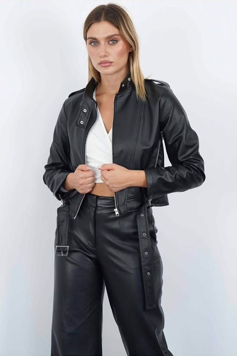 ONE COLOR LEATHER ZIPPER BELT DETAIL WOMAN JACKET BLACK/ E ZEZE - 2