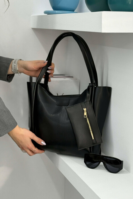 ONE COLOR LEATHER ZIPPER WOMEN BAG BLACK/ E ZEZE 