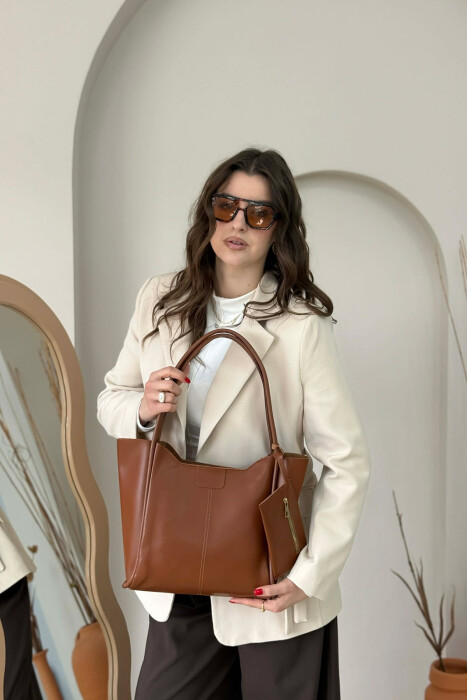 ONE COLOR LEATHER ZIPPER WOMEN BAG BROWN/KAFE - KLAUDIO FASHION