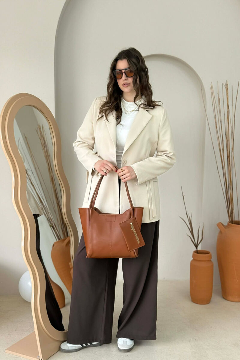 ONE COLOR LEATHER ZIPPER WOMEN BAG BROWN/KAFE - 2