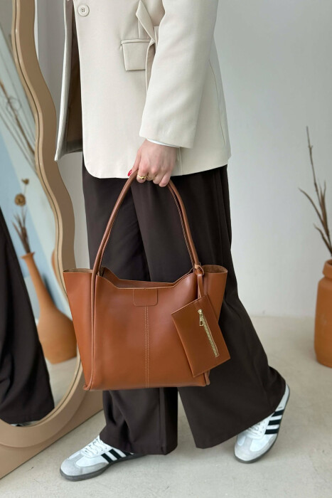 ONE COLOR LEATHER ZIPPER WOMEN BAG BROWN/KAFE - 3