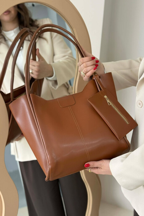 ONE COLOR LEATHER ZIPPER WOMEN BAG BROWN/KAFE - 4