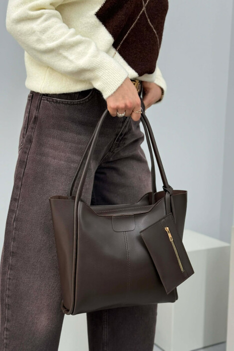 ONE COLOR LEATHER ZIPPER WOMEN BAG DARK BROWN/KAE 