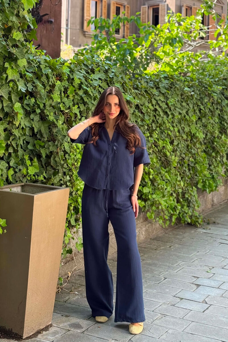 ONE COLOR LINEN BLEND SHIRT + TROUSERS WOMAN SET BLUE/BLU - 1