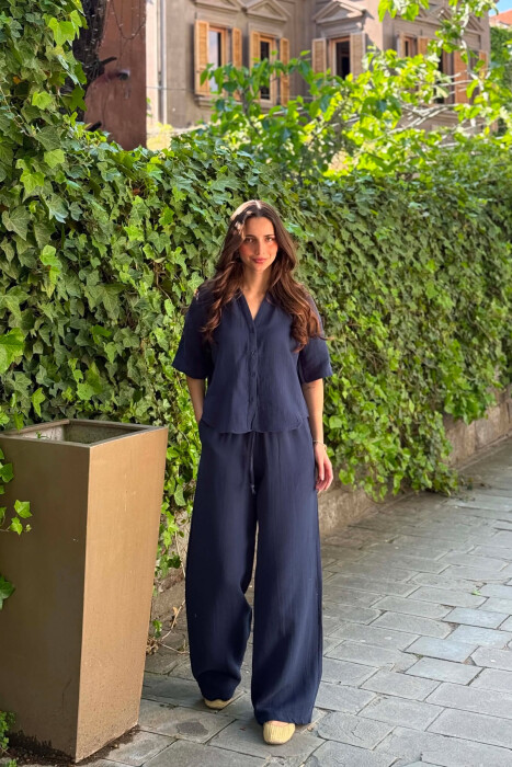 ONE COLOR LINEN BLEND SHIRT + TROUSERS WOMAN SET BLUE/BLU - 5