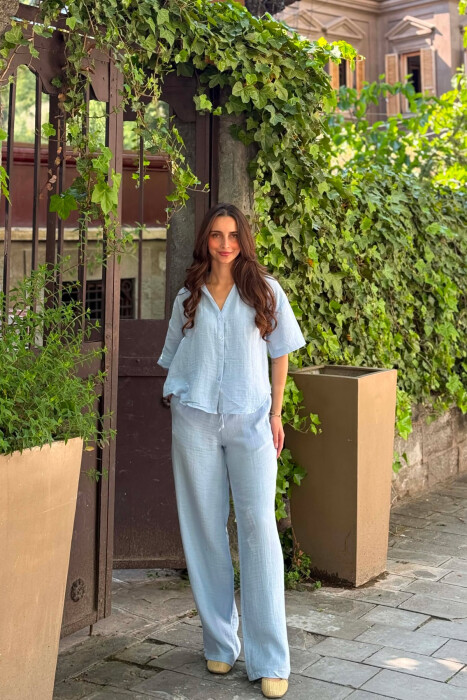 SET LINO NJE NGJYRESH KEMISHE + PANTALLONA PER FEMRA NE NGJYRE BLU TE ZBARDHUR - KLAUDIO FASHION