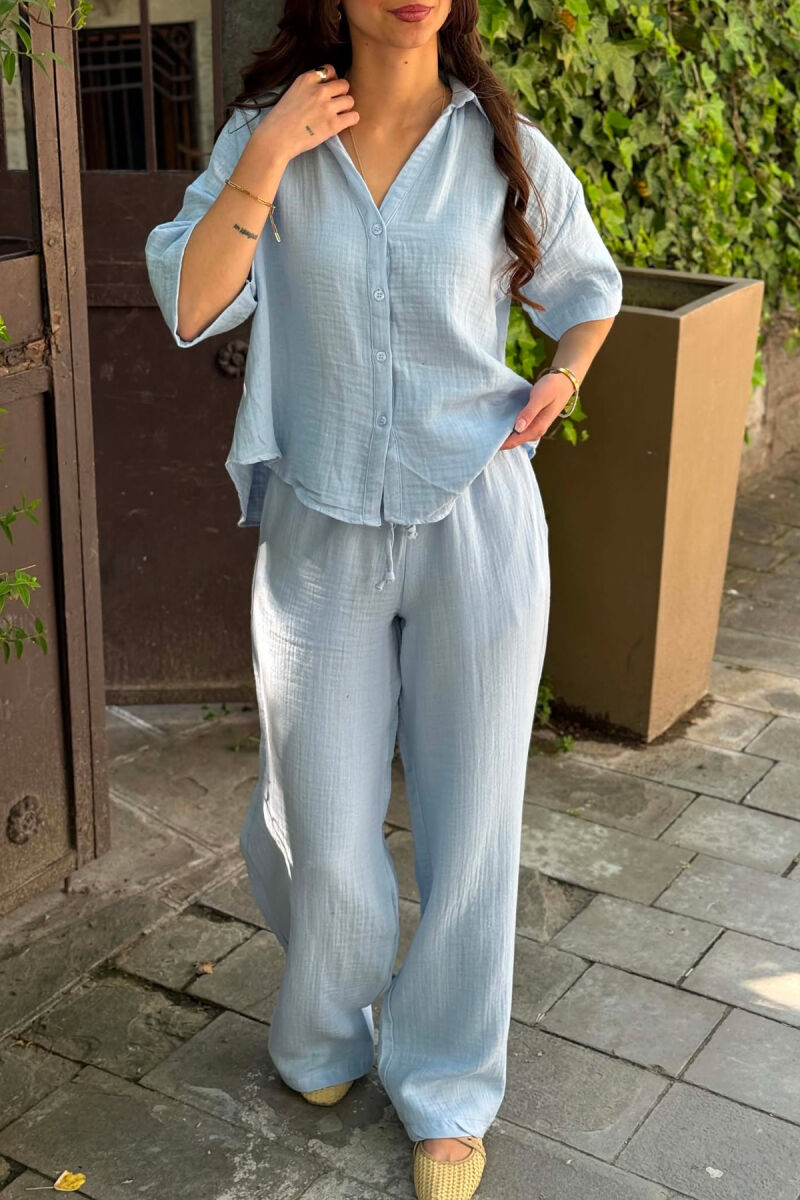 ONE COLOR LINEN BLEND SHIRT + TROUSERS WOMAN SET LIGHTBLUE/BZ - 5