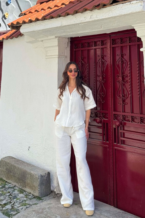 ONE COLOR LINEN BLEND SHIRT + TROUSERS WOMAN SET WHITE-E BARDHE - KLAUDIO FASHION