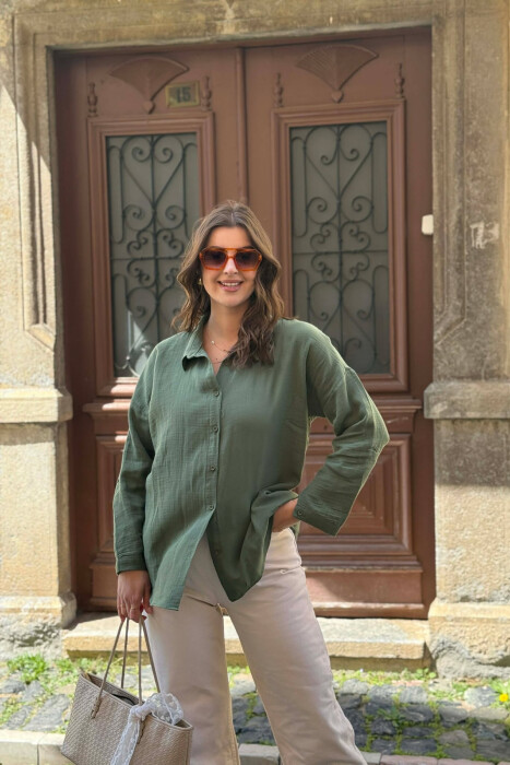 ONE COLOR LINEN BLEND WOMAN SHIRT GREEN/JESHILE - 1