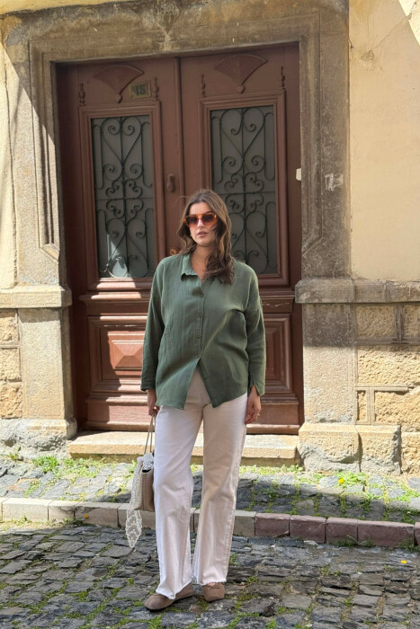 ONE COLOR LINEN BLEND WOMAN SHIRT GREEN/JESHILE - 4