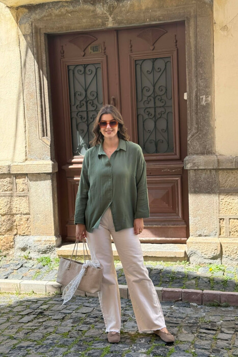 ONE COLOR LINEN BLEND WOMAN SHIRT GREEN/JESHILE - 5