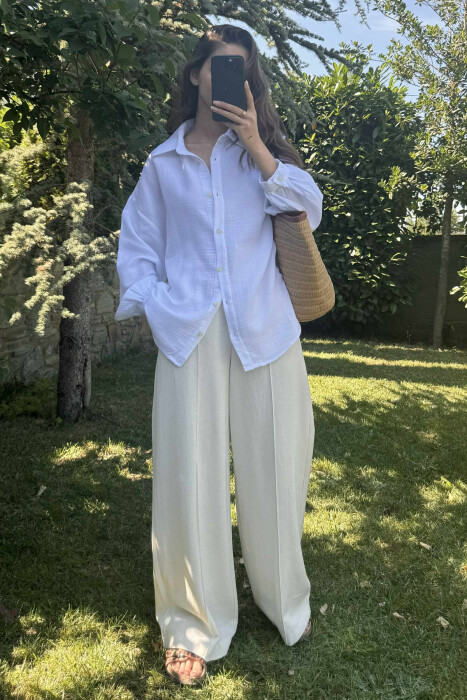 ONE COLOR LINEN BLEND WOMEN SHIRT WHITE-E BARDHE - KLAUDIO FASHION