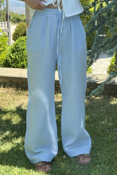 ONE COLOR LINEN ELASTIC WAIST WOMEN TROUSERS LIGHTBLUE/BZ 