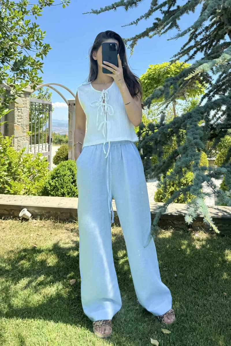 ONE COLOR LINEN ELASTIC WAIST WOMEN TROUSERS LIGHTBLUE/BZ - 1