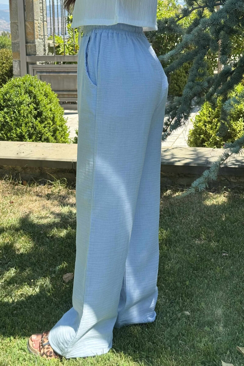 ONE COLOR LINEN ELASTIC WAIST WOMEN TROUSERS LIGHTBLUE/BZ - 2