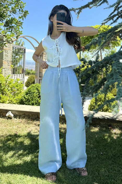 ONE COLOR LINEN ELASTIC WAIST WOMEN TROUSERS LIGHTBLUE/BZ - 4