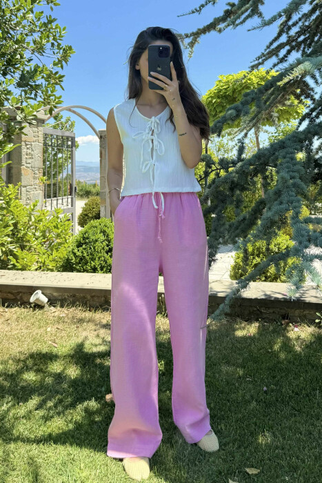 ONE COLOR LINEN ELASTIC WAIST WOMEN TROUSERS PINK/ROZE 