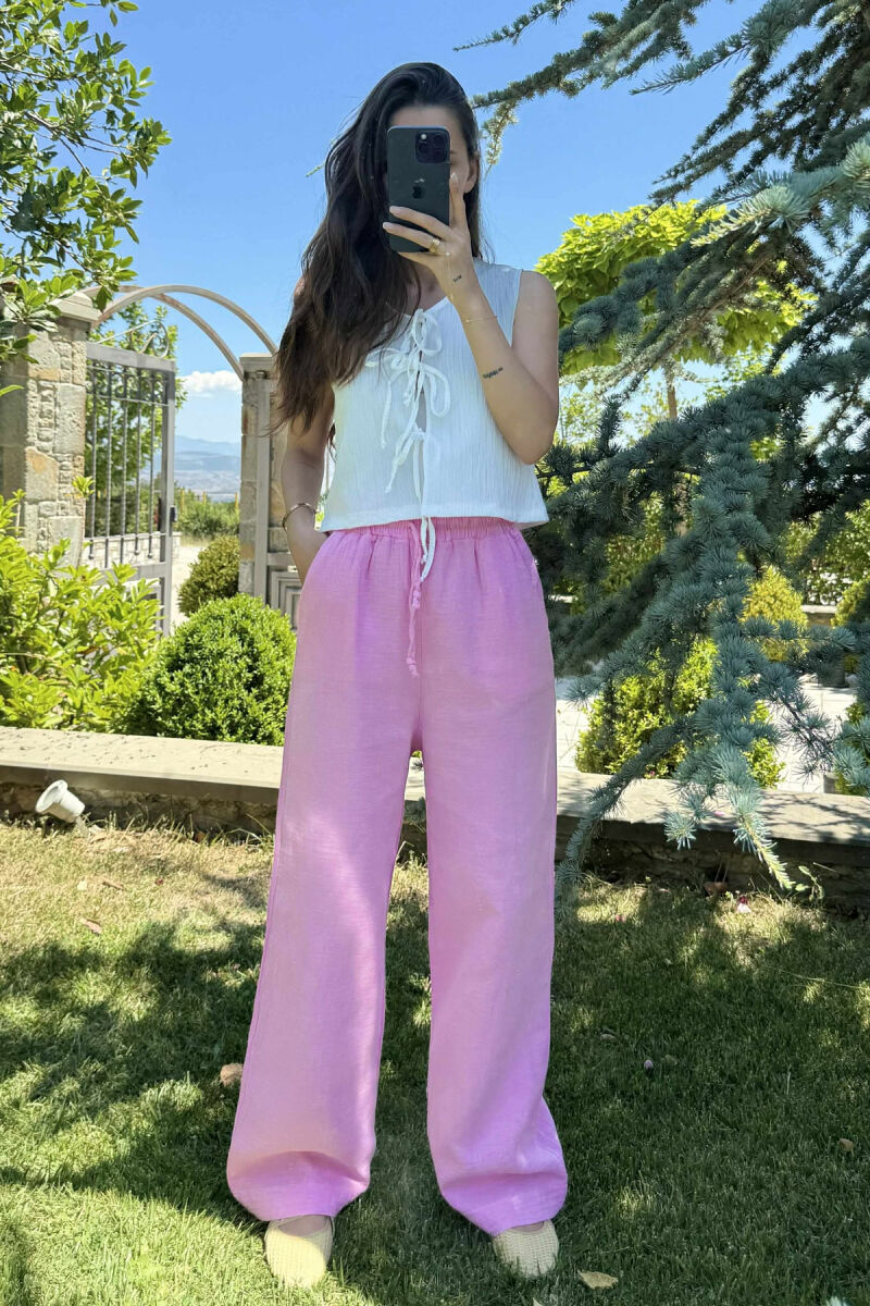 ONE COLOR LINEN ELASTIC WAIST WOMEN TROUSERS PINK/ROZE - 2