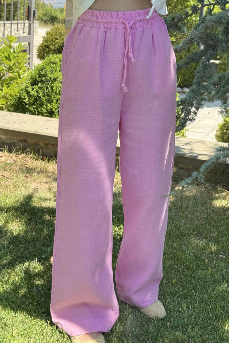 ONE COLOR LINEN ELASTIC WAIST WOMEN TROUSERS PINK/ROZE - 3