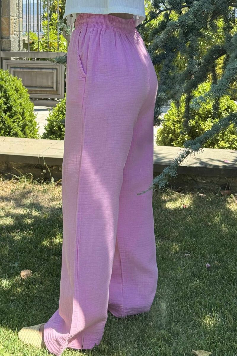 ONE COLOR LINEN ELASTIC WAIST WOMEN TROUSERS PINK/ROZE - 4