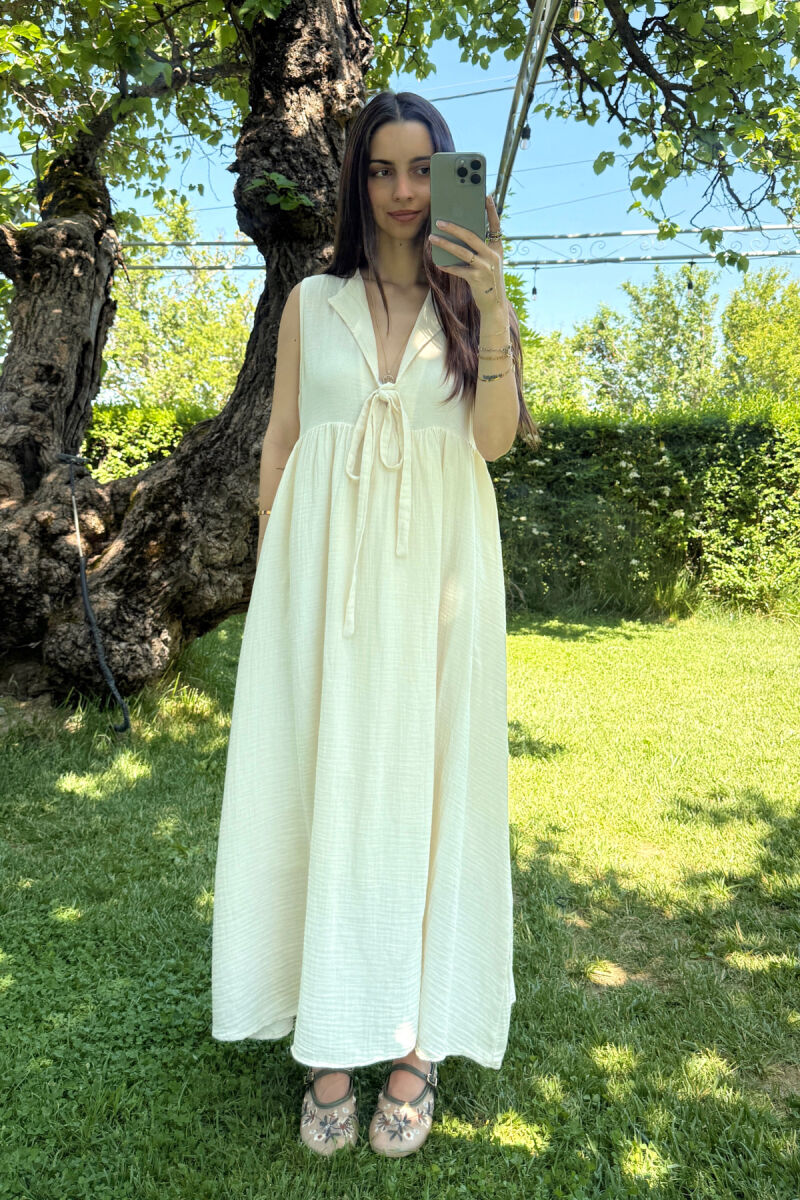 ONE COLOR LINEN LONG WOMEN DRESS CREAM/KREM - 1