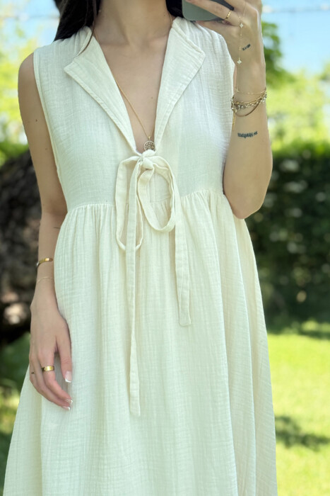 ONE COLOR LINEN LONG WOMEN DRESS CREAM/KREM - 2