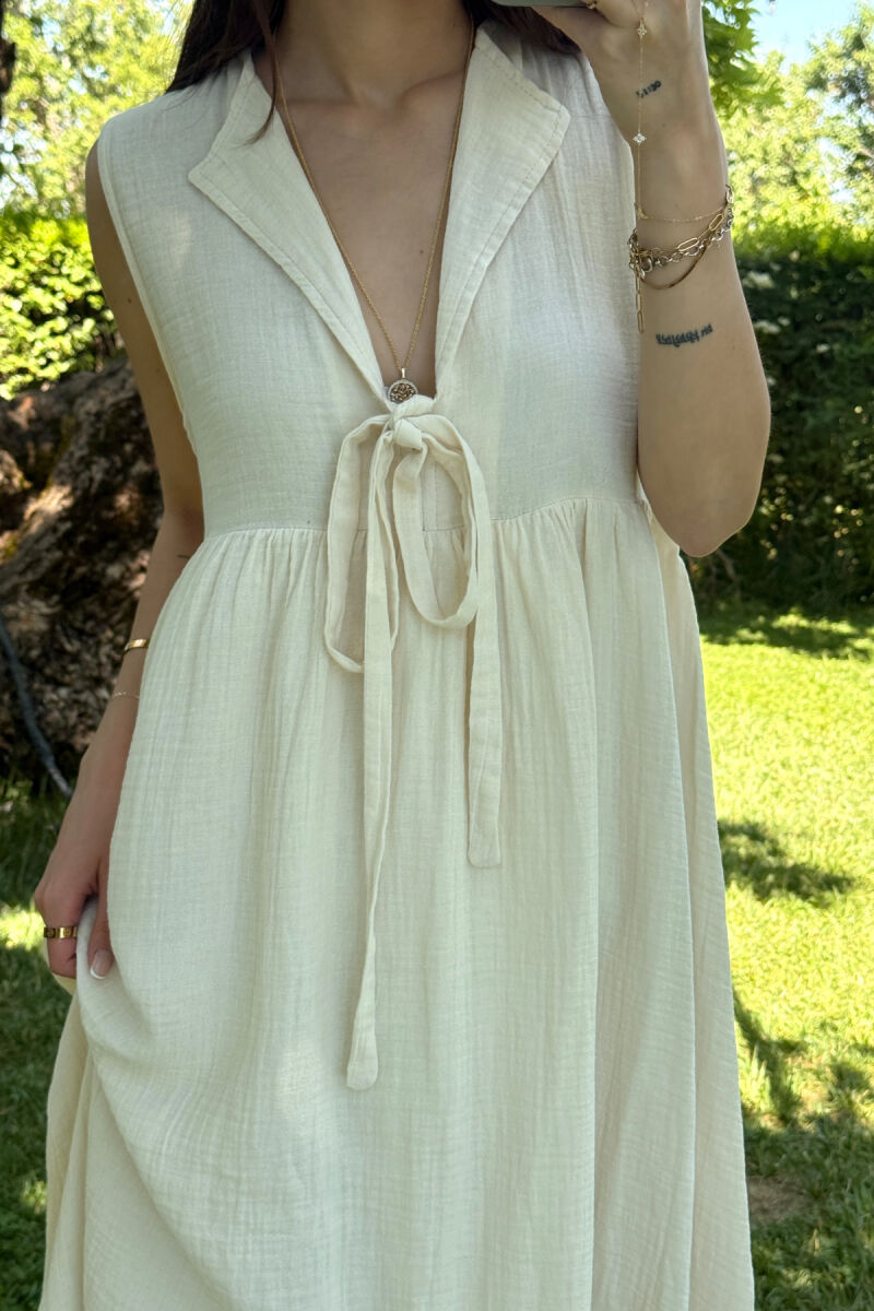 ONE COLOR LINEN LONG WOMEN DRESS CREAM/KREM - 3