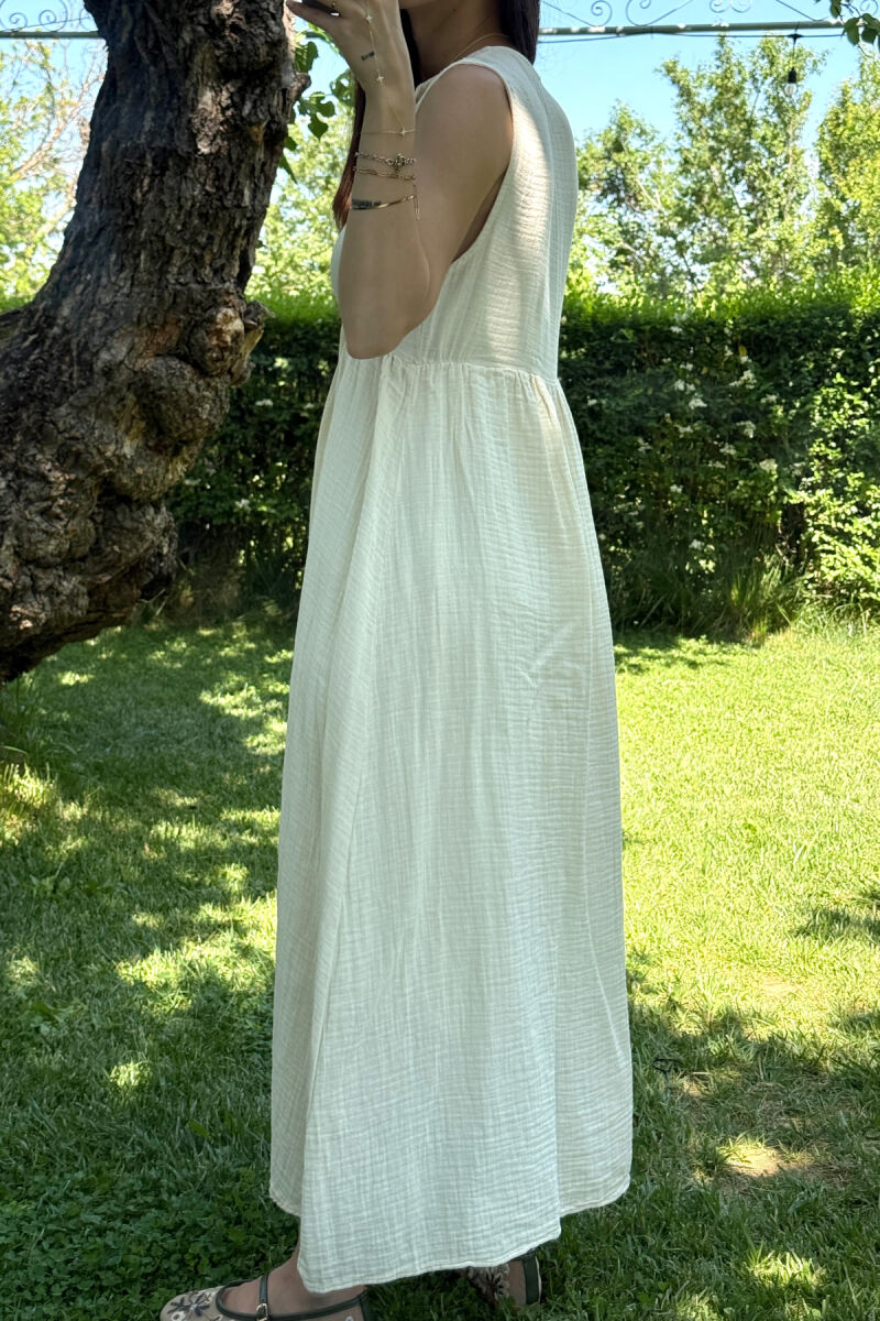 ONE COLOR LINEN LONG WOMEN DRESS CREAM/KREM - 4