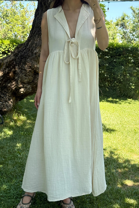 ONE COLOR LINEN LONG WOMEN DRESS CREAM/KREM - 5