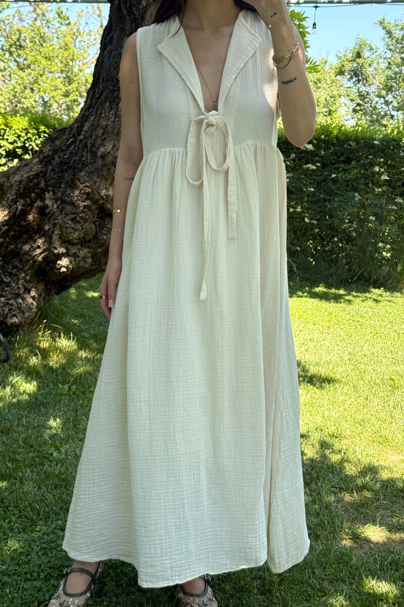 ONE COLOR LINEN LONG WOMEN DRESS CREAM/KREM - 5