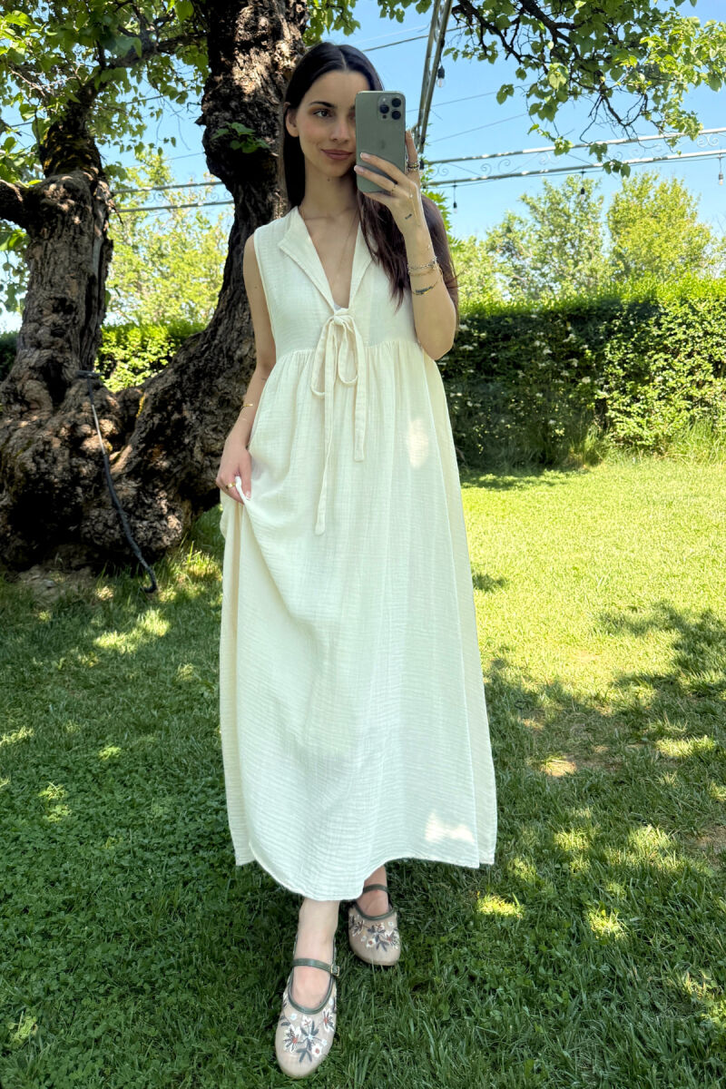 ONE COLOR LINEN LONG WOMEN DRESS CREAM/KREM - 6