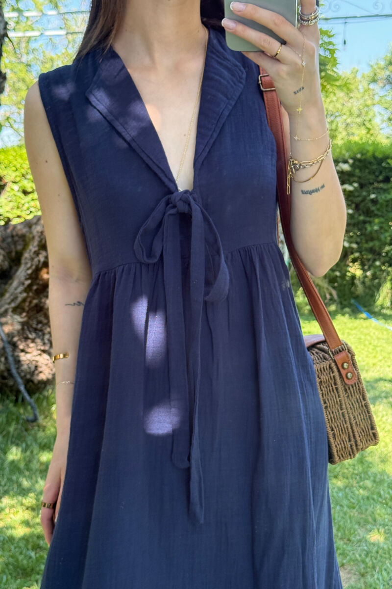 ONE COLOR LINEN LONG WOMEN DRESS DARK BLUE/BEE - 2