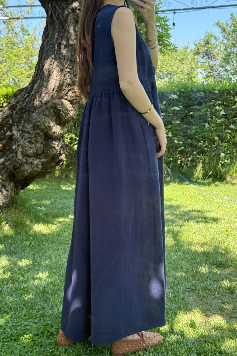 ONE COLOR LINEN LONG WOMEN DRESS DARK BLUE/BEE - 3