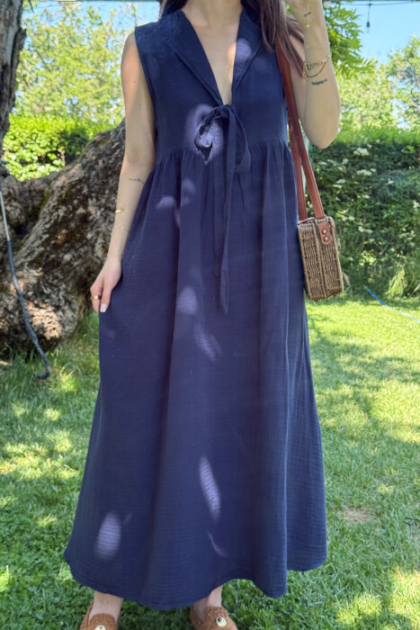 ONE COLOR LINEN LONG WOMEN DRESS DARK BLUE/BEE - 4