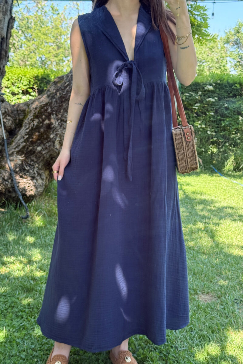 ONE COLOR LINEN LONG WOMEN DRESS DARK BLUE/BEE - 4