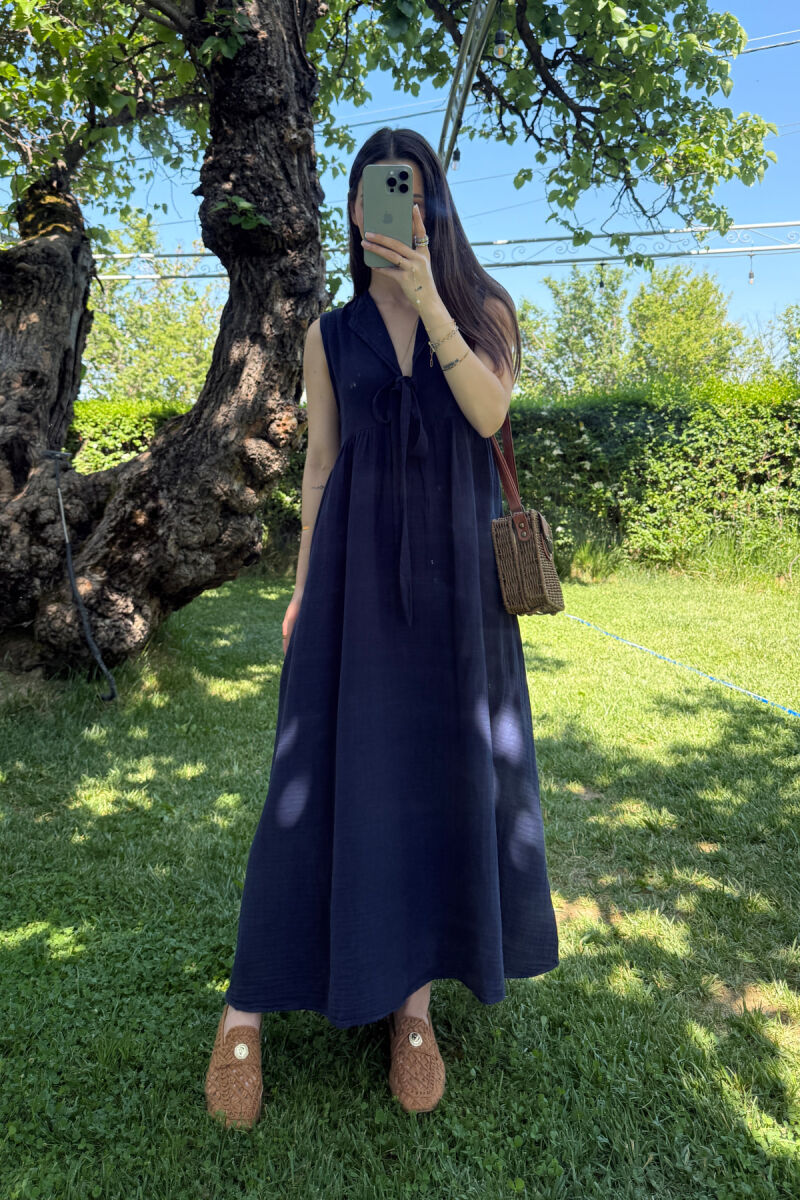 ONE COLOR LINEN LONG WOMEN DRESS DARK BLUE/BEE - 5
