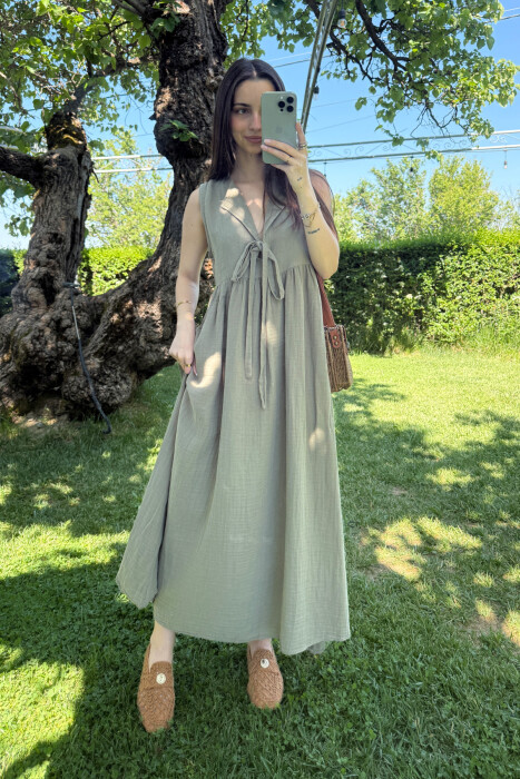 ONE COLOR LINEN LONG WOMEN DRESS OLIVE/ULLI 