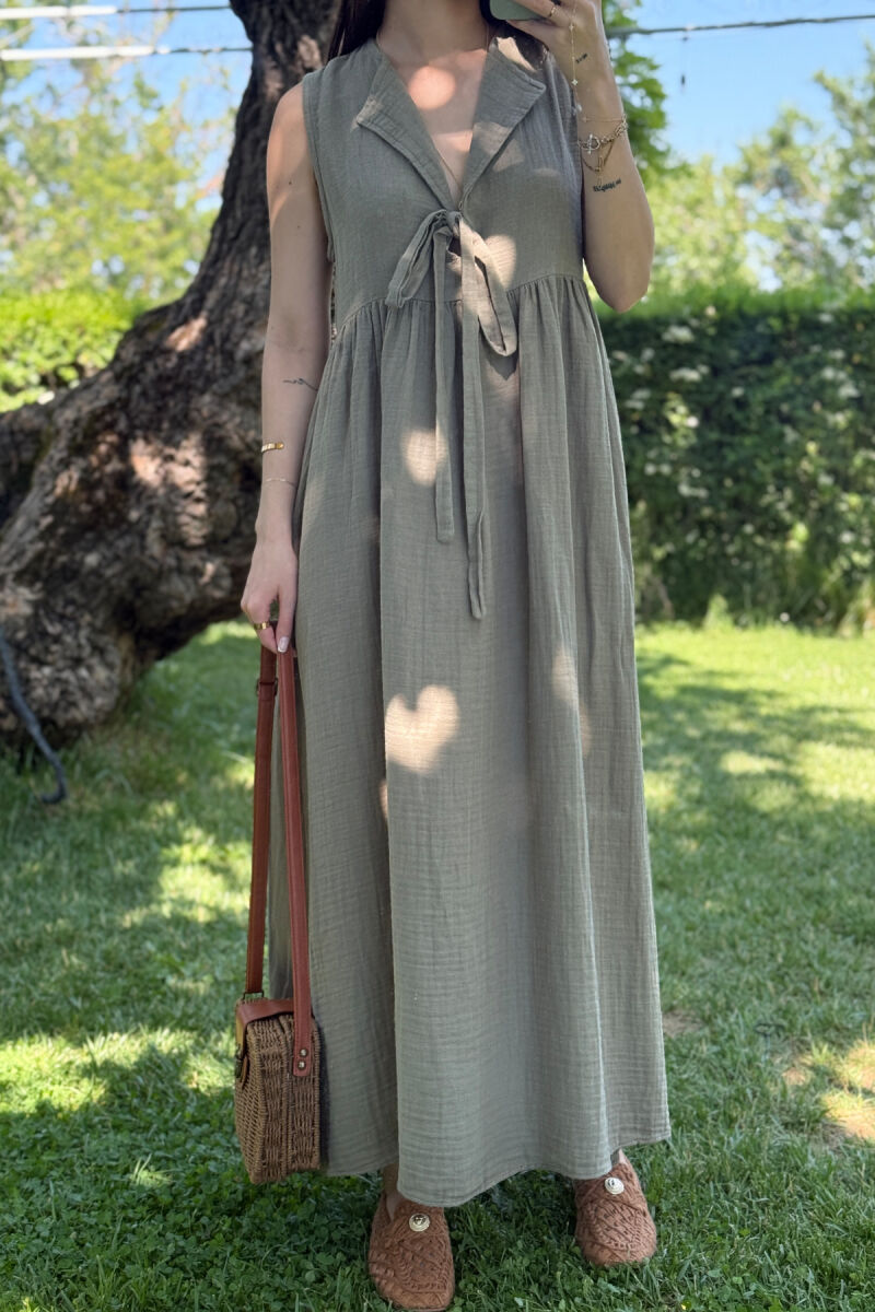 ONE COLOR LINEN LONG WOMEN DRESS OLIVE/ULLI - 3