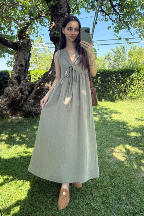 ONE COLOR LINEN LONG WOMEN DRESS OLIVE/ULLI - 4