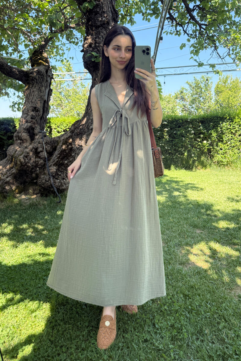 ONE COLOR LINEN LONG WOMEN DRESS OLIVE/ULLI - 4