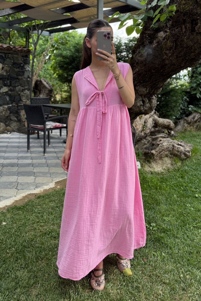 ONE COLOR LINEN LONG WOMEN DRESS PINK/ROZE - 1