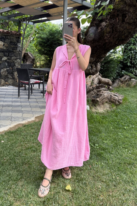 ONE COLOR LINEN LONG WOMEN DRESS PINK/ROZE - 2