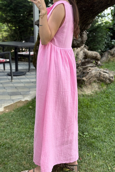 ONE COLOR LINEN LONG WOMEN DRESS PINK/ROZE - 3