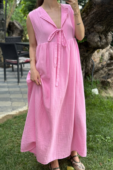 ONE COLOR LINEN LONG WOMEN DRESS PINK/ROZE - 4