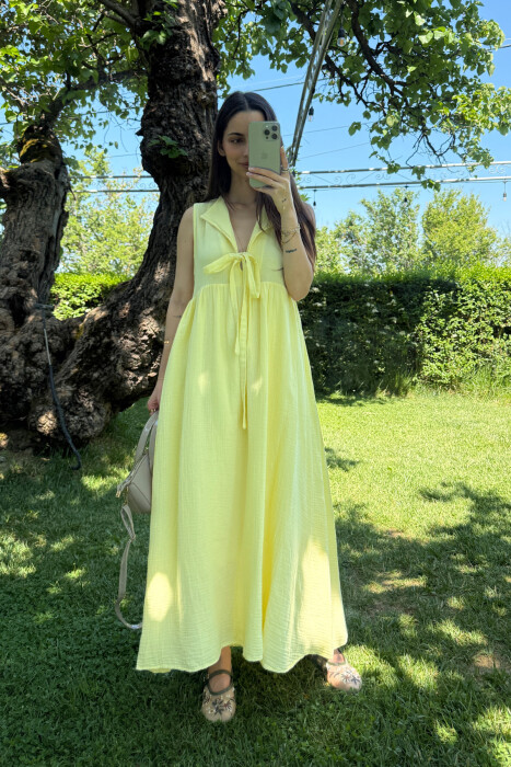 ONE COLOR LINEN LONG WOMEN DRESS YELLOW/E VERDHE 